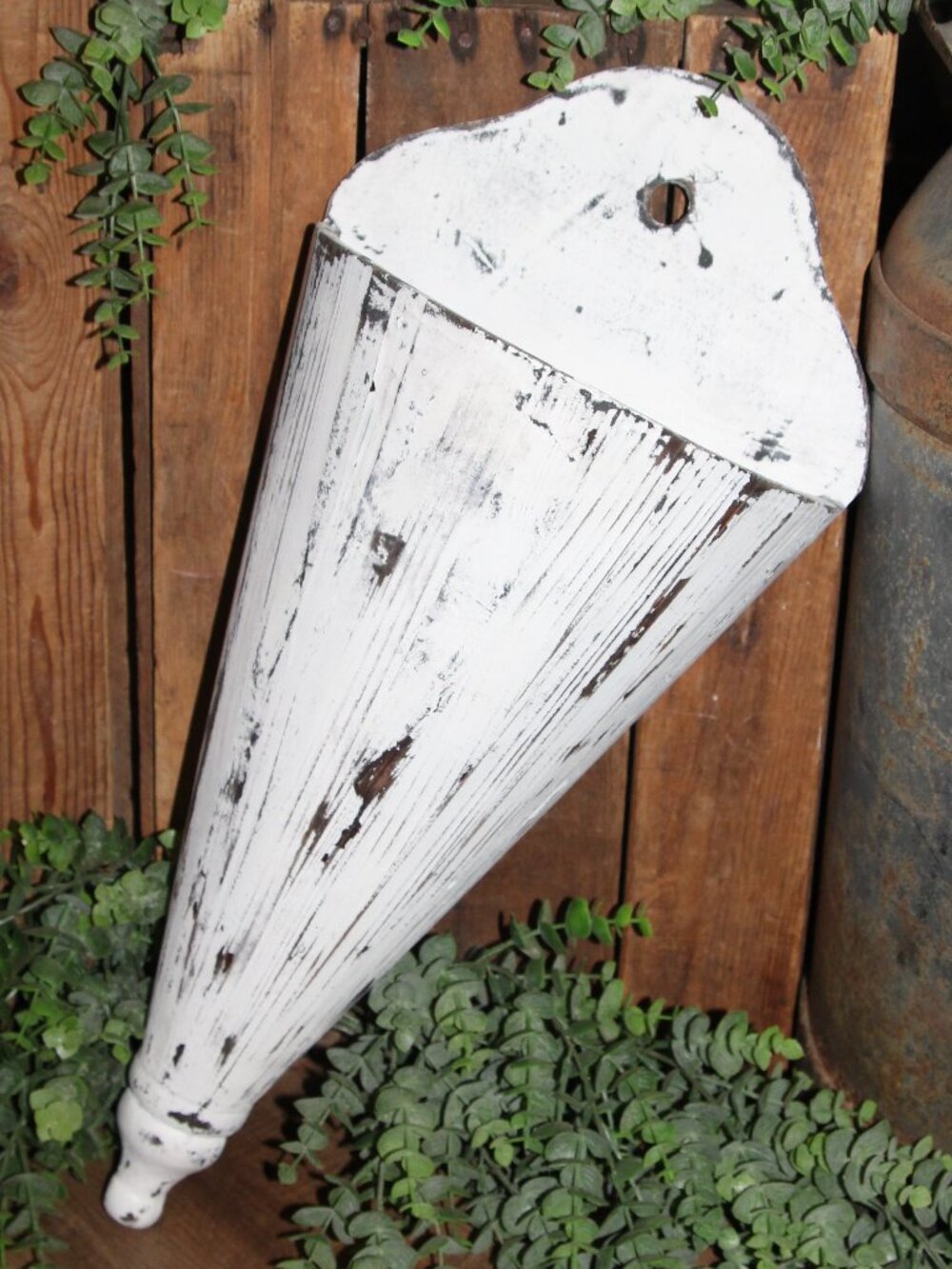 Large White Shabby Distressed 21" French Farmhouse Wood Wall Pocket Cone